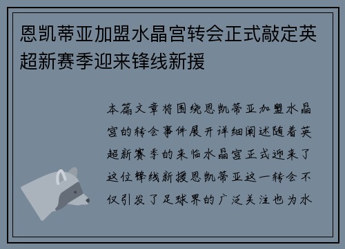 恩凯蒂亚加盟水晶宫转会正式敲定英超新赛季迎来锋线新援
